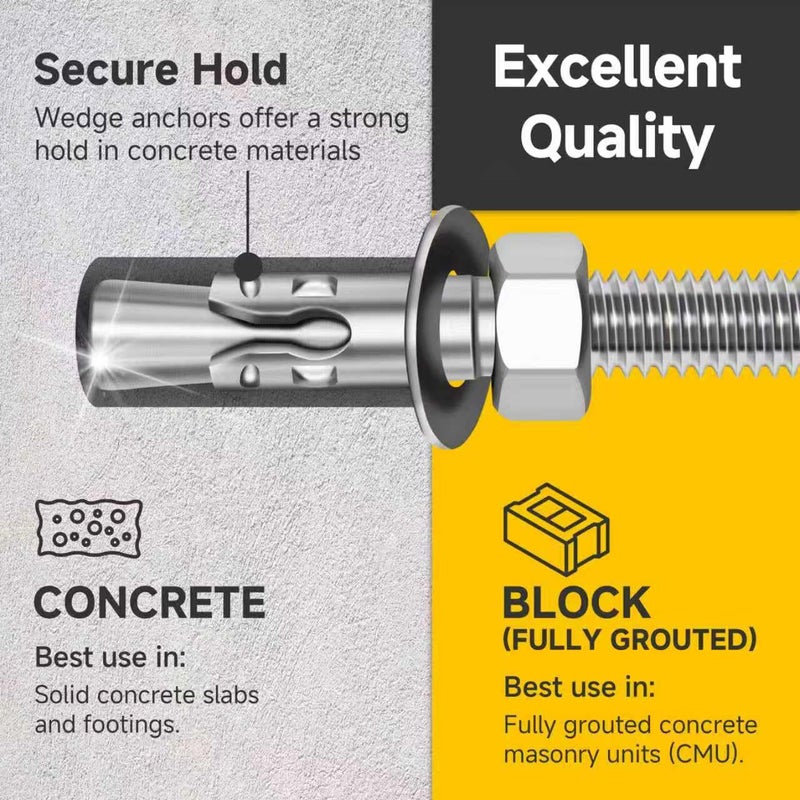 MYWISH 1/4 x 3 Inch Wedge Anchors, 10Pcs 304 Stainless Steel Industrial 1/4 Heavy Duty Industrial Masonry Wdege Anchor Bolts for Brick Cement and Concrete, Bright Finish - Image 3